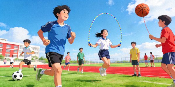 学生在校园操场进行体育活动的场景
